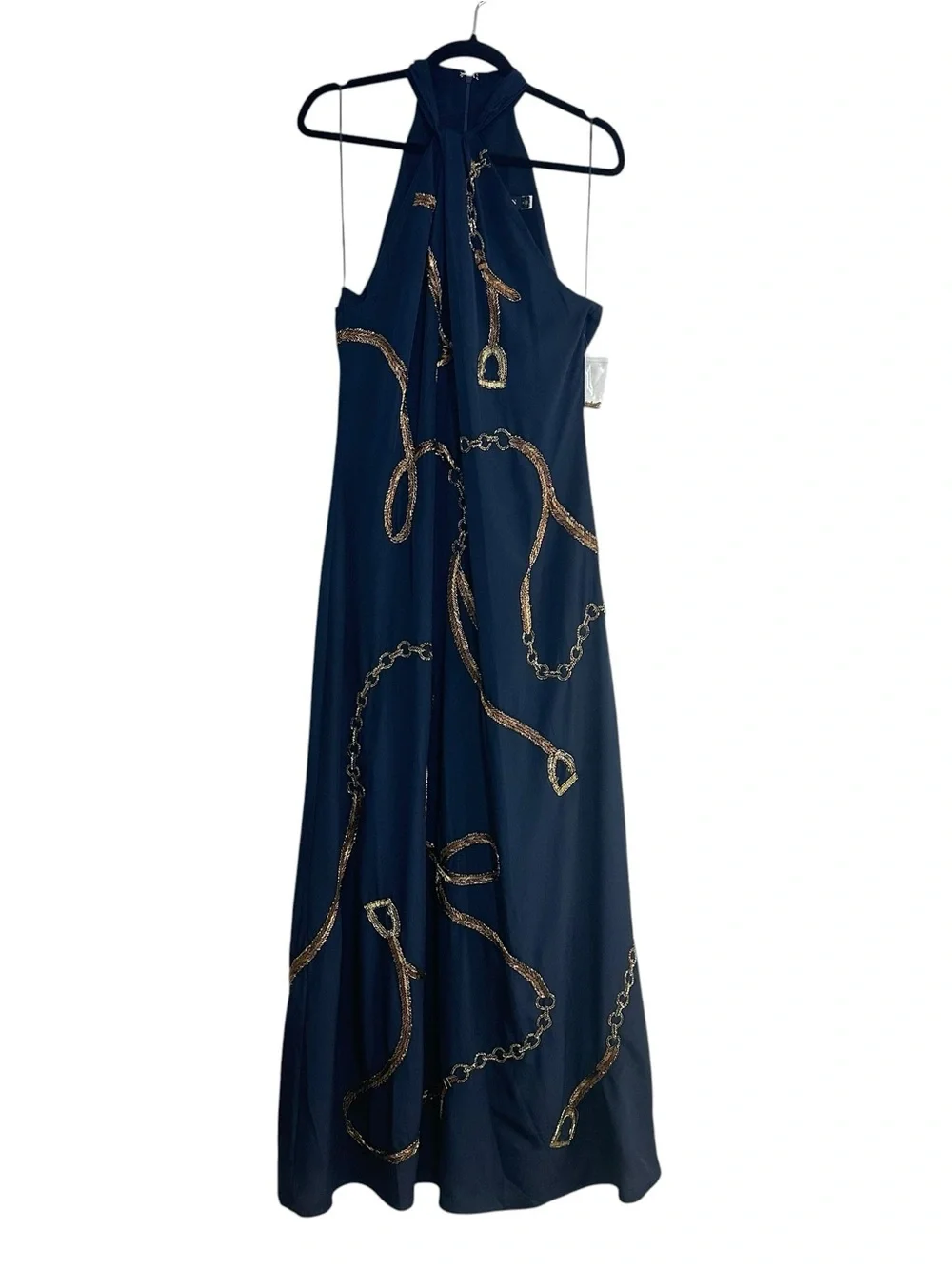 Lauren Ralph Lauren Embellished Sequin Halter Dress, Size 14 Navy Blue - Picture 4 of 12